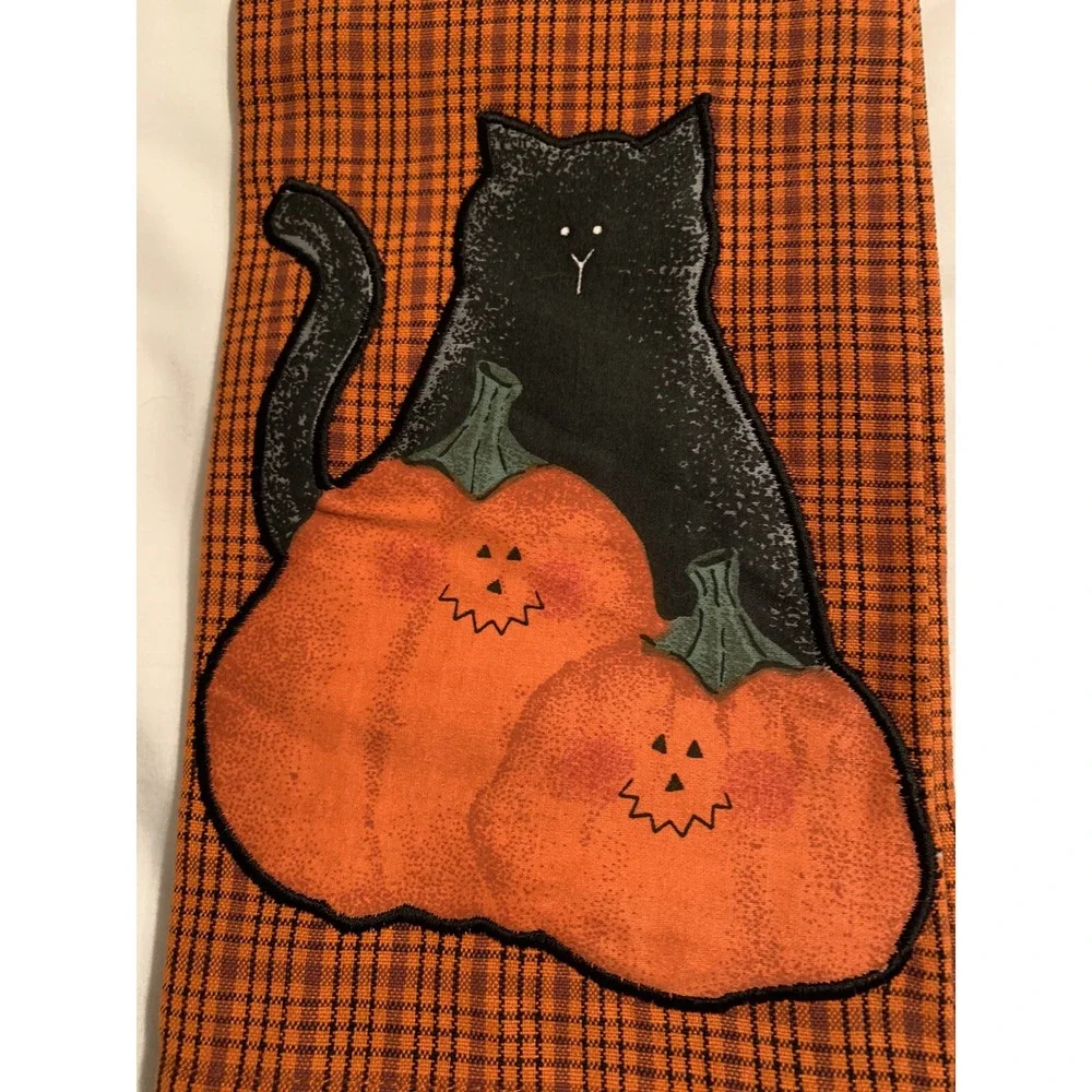 Folk Art Cat Pumpkin Halloween Tea Kitchen Towels Set of 2 NEW
